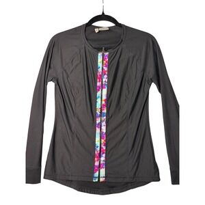 Athleta Womens Black Long Sleeve Zip Rash Guard Floral Trim Size M